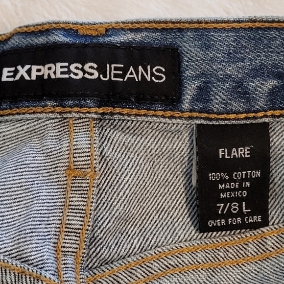 Express Vintage 7/8‎ Long High Rise Flare Blue Denim Jeans Juniors - Picture 9 of 16